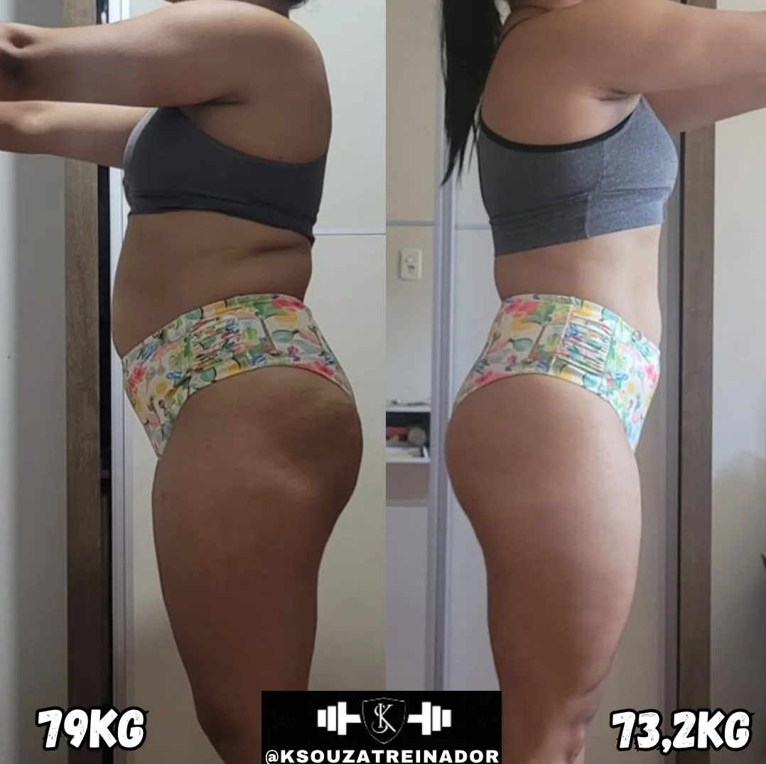 Registro comparativo real da evolução corporal de uma aluna
